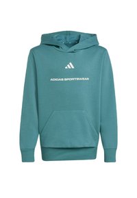 Tealfärgad bomullshuvtröja med framficka, ribbstickade muddar och nertill, som har en vit "Adidas Sportswear"-logotyp och de ikoniska tre ränderna.