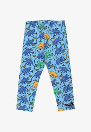 Leggings bleus avec un motif répété de singes et de bananes en bleu, vert, orange et jaune. Comprend une ceinture extensible et une étiquette de marque.