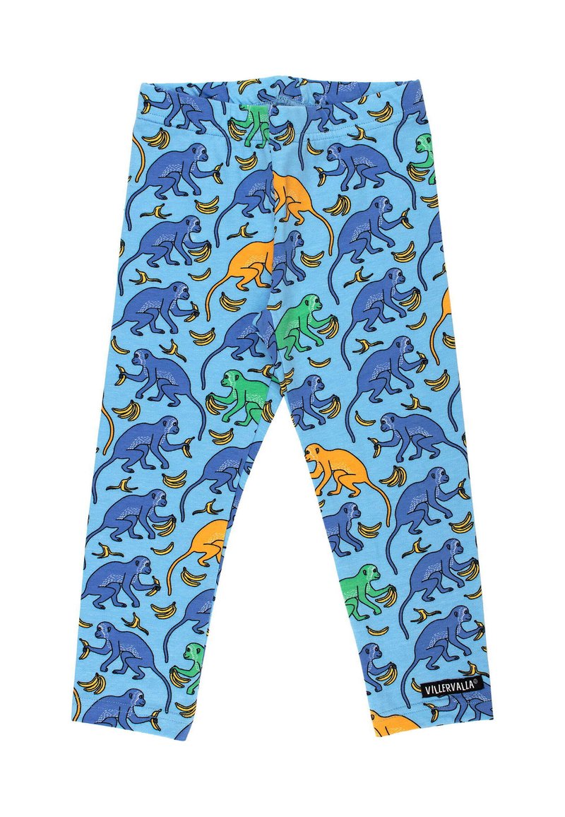 Leggings blu con un motivo ripetuto di scimmie e banane nei colori blu, verde, arancione e giallo. Presentano una vita elasticizzata e un'etichetta di marca.