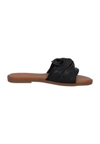 Infradito in pelle nera con design superiore annodato, suola piatta marrone e texture liscia. Costruzione semplice e minimalista senza decorazioni.