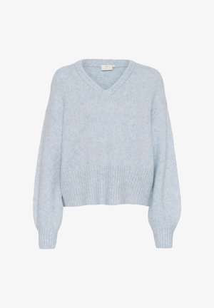 Gaiši zils adīts džemperis ar V veida kakla izgriezumu, pārmērīgiem piedurknēm un ribotām malām. Mīksta tekstūra ar brīvu, īsu dizainu.