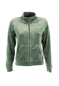 Giacca in fleece verde morbido con zip frontale, colletto alto, maniche lunghe e due tasche frontali.