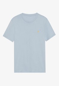 Light blue short-sleeve t-shirt made of soft fabric, featuring a small golden logo on the chest. Classic crew neck design.