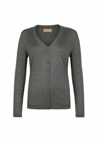 Grauer Cardigan aus weicher Stoff mit V-Ausschnitt, langen Ärmeln und sechs Knöpfen an der Vorderseite. Dezente Textur verleiht Tiefe.