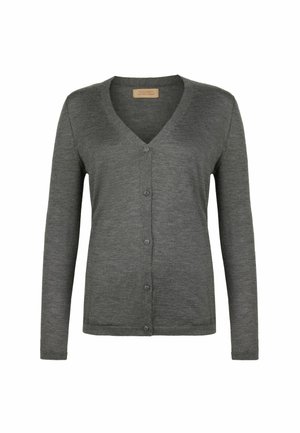 Grauer Cardigan aus weicher Stoff mit V-Ausschnitt, langen Ärmeln und sechs Knöpfen an der Vorderseite. Dezente Textur verleiht Tiefe.