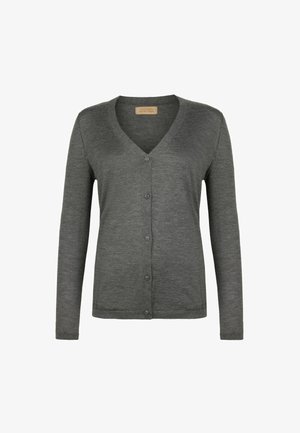 Grauer Cardigan aus weicher Stoff mit V-Ausschnitt, langen Ärmeln und sechs Knöpfen an der Vorderseite. Dezente Textur verleiht Tiefe.