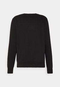 Black sweatshirt with long sleeves, crew neck, ribbed cuffs, and hem. Smooth fabric with a simple, unadorned design and a slight stretch.