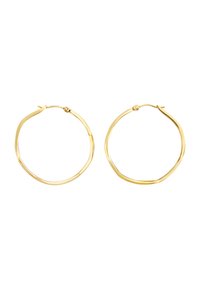 Tynde uregelmæssigt formede polerede guldøreringe med lukkemekanisme, vist side om side på en hvid baggrund.