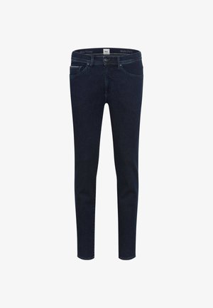 Dunkelblaue Slim-Fit-Denim-Jeans mit vorderem Knopf, Reißverschluss, Gürtelschlaufen und Fünf-Taschen-Design.