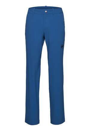 Pantalon bleu à jambes droites avec passants de ceinture, bouton à l'avant, et un petit logo noir sur la cuisse droite.