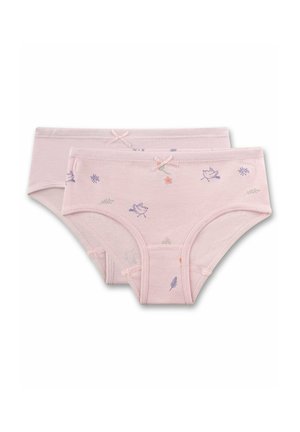 Zwei hellrosa Mädchenunterhosen, eine schlicht und eine mit kleinen Vogel- und Blättermotiven, jeweils mit einer kleinen Schleife am Bund.
