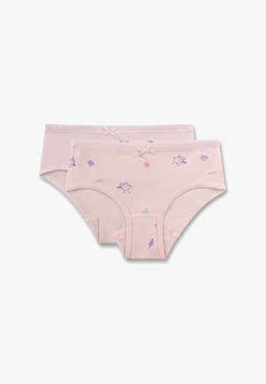 Twee lichtroze meisjes onderbroeken, de ene effen en de andere met kleine vogels en blaadjesprints, elke met een klein strikje op de tailleband.