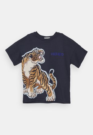 Marineblaues T-Shirt mit großem brüllendem Tiger-Print und blauem "KENZO"-Logo auf der Brust.
