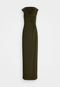Olive green, sleeveless maxi dress with a deep V-neck and twisted front detail. Made of smooth, stretchy fabric, with a form-fitting silhouette.