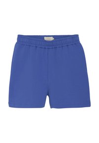 Niebieskie szorty bawełniane z elastycznym pasem, charakteryzujące się gładką teksturą i prostym wzorem. Krótkie, z bocznymi kieszeniami.
