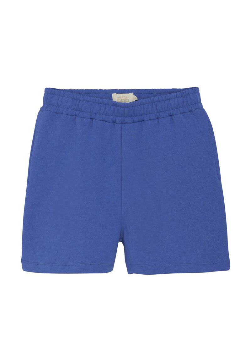 Niebieskie szorty bawełniane z elastycznym pasem, charakteryzujące się gładką teksturą i prostym wzorem. Krótkie, z bocznymi kieszeniami.