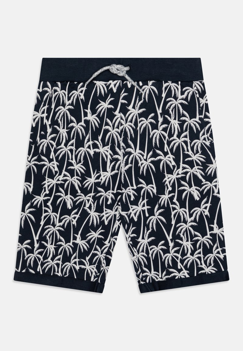 Jūras zila peldēšanas šorti ar baltu palmu koku rakstu, aukliņu jostasvietā un mīkstu tekstūru. Garums sasniedz augšstilbu vidus ar taisnu griezumu.