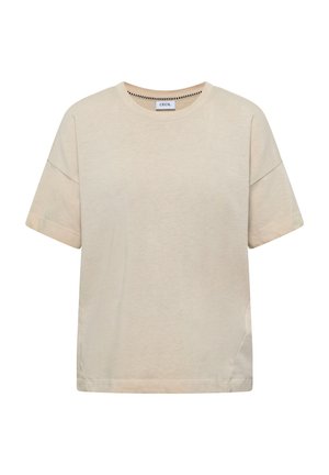 Beiges kurzärmeliges Baumwoll-T-Shirt mit rundem Ausschnitt und einem kleinen Etikett im Kragen mit der Aufschrift "CECIL".