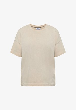Beige katoenen T-shirt met korte mouwen, een ronde hals en een klein label binnenin de kraag met de tekst "CECIL".