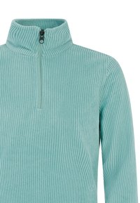 Svetlé tealové, ribované fleecové pulóver s vysokým golierom a polovičným zipsom, s jemnou textúrou a dlhými rukávmi.