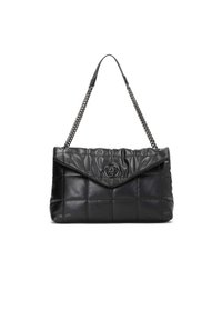 Borsa a tracolla in pelle nera trapuntata con catena, con pattina superiore e accentatura del marchio sulla parte anteriore. Tessuto morbido e forma strutturata.