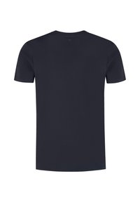 Korte mouwen T-shirt in donkerblauw, gemaakt van zachte stof. Heeft een ronde halslijn en een subtiele driehoekige accent aan de achterkant.