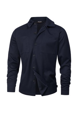 Marineblaues Langarmhemd mit Knopfleiste, zwei Brusttaschen und einem weichen, strukturierten Stoff. Verfügt über einen klassischen Kragen und eine lässige Passform.