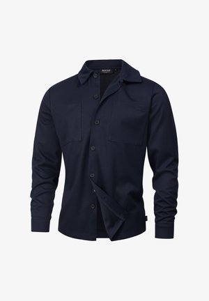 Marineblaues Langarmhemd mit Knopfleiste, zwei Brusttaschen und einem weichen, strukturierten Stoff. Verfügt über einen klassischen Kragen und eine lässige Passform.
