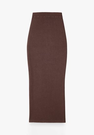 Brązowa prążkowana dzianinowa midi ołówkowa spódnica z wysokim stanem i prostym dołem, zaprojektowana na dopasowaną sylwetkę.
