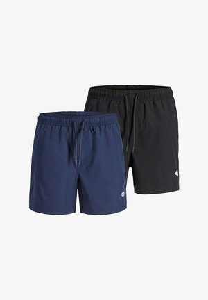 Twee paar zwembroeken: één donkerblauw met een elastische tailleband en trekkoord, en één zwarte, beide met een gladde textuur en een eenvoudig ontwerp.