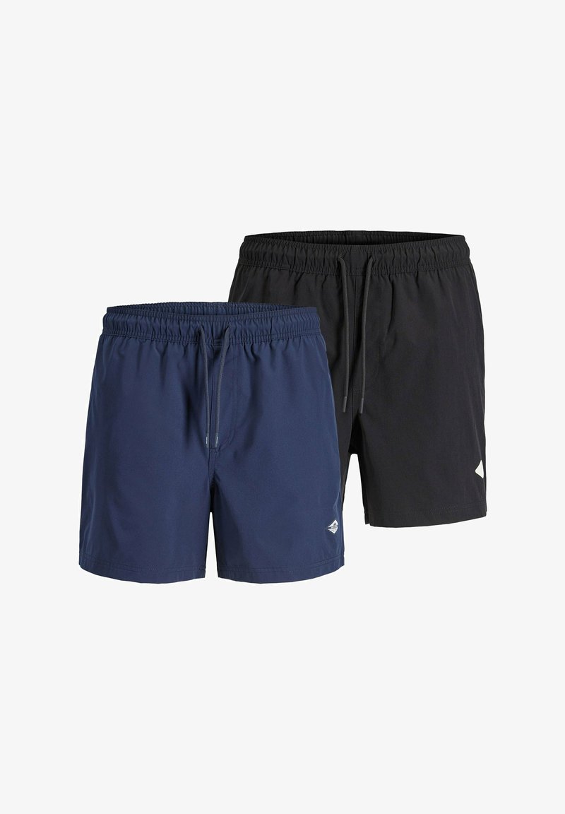 Twee paar zwembroeken: één donkerblauw met een elastische tailleband en trekkoord, en één zwarte, beide met een gladde textuur en een eenvoudig ontwerp.