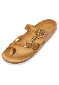 Sandal in pelle marrone con due cinghie e fibbie regolabili, suola in sughero e suola esterna in gomma bianca. Texture morbida e design casual.