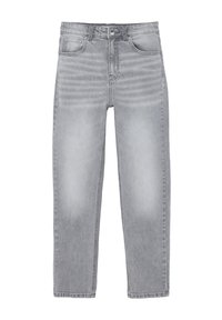 Jean en denim gris clair avec taille haute, coupe droite, deux poches avant et zones subtilement délavées. Doté d'une fermeture standard à bouton.