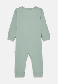 Light green ribbed onesie made of soft fabric, featuring long sleeves, fitted cuffs, and a round neckline. No visible fastenings.