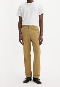 Ljusbruna bomullbyxor med rak benstil, med en framknäppning och bälteshällor, tillsammans med en vit kortärmad t-shirt.