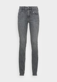 Vaqueros ajustados de denim gris oscuro con un ligero estiramiento. Diseño de cintura alta que incluye dos bolsillos frontales y un cierre de botón.