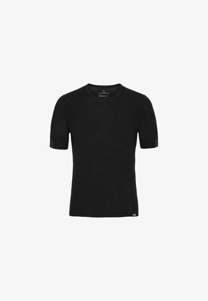 Černé tričko s krátkým rukávem z merino vlny. Má kulatý výstřih a minimalistický design s malou značkou u spodního lemu.