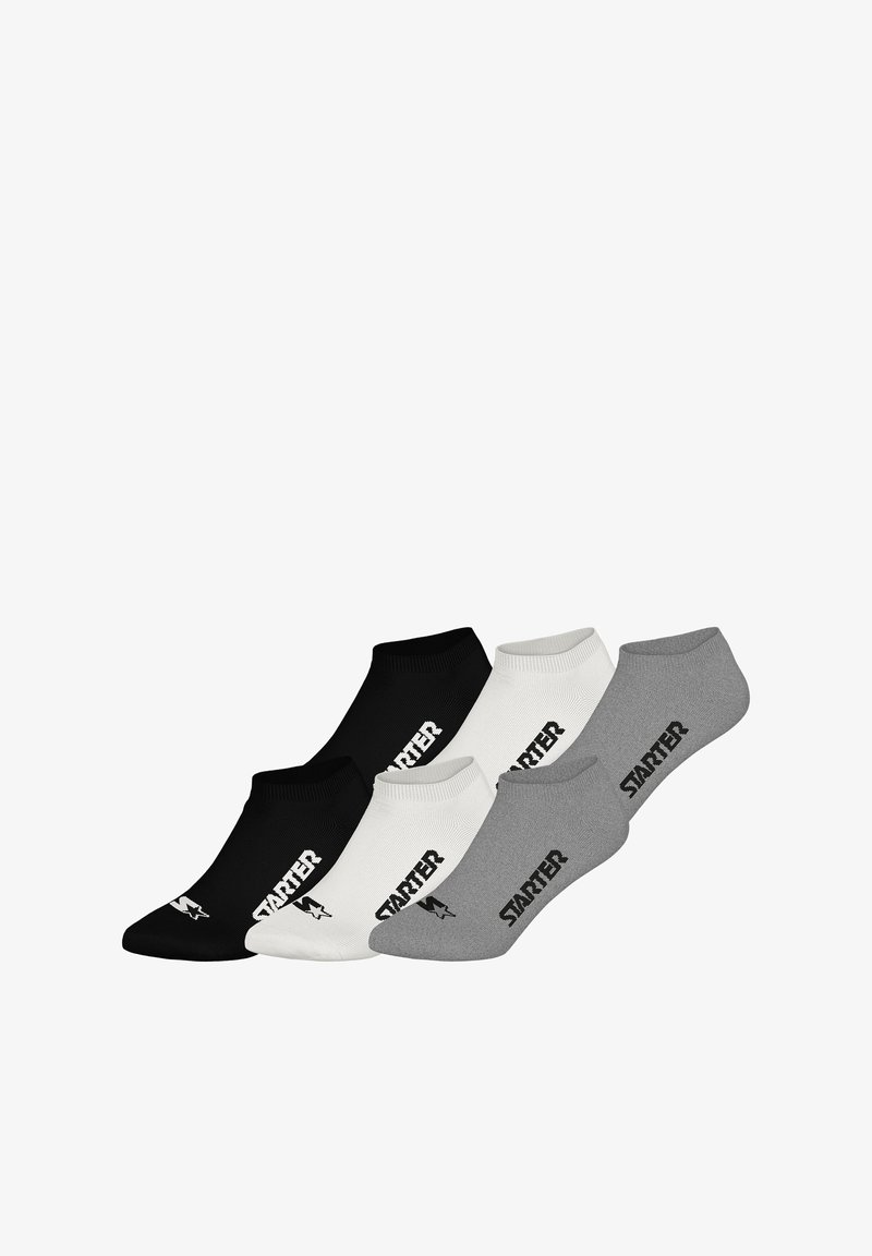 Drei Paar Knöchelsocken in Schwarz, Weiß und Grau. Jede Sohle hat einen gerippten Bund und das "STARTER"-Logo in kontrastierender Schrift.