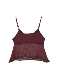 Top color vino con spalline sottili, caratterizzato da un tessuto trasparente testurizzato e un intricato dettaglio di perline lungo l'orlo inferiore.