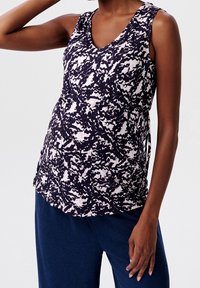 Canottiera navy con un motivo astratto rosa e bianco, dotata di scollatura a V e accenti arricciati sui lati per una vestibilità comoda.