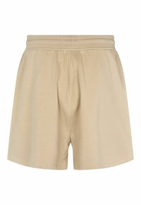 Beige katoenen shorts met een elastische tailleband, een relaxte pasvorm en een gladde textuur zonder extra patronen of hardware details.