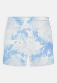 Niebieskie spodenki tie-dye z elastycznym paskiem, wykonane z miękkiego bawełnianego materiału, z pojedynczą kieszenią z tyłu i fakturowanym wzorem.