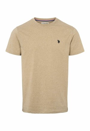 Tricou maro deschis cu mâneci scurte confecționat dintr-un material texturat, având un mic logo de cal negru pe piept și guler rotund.