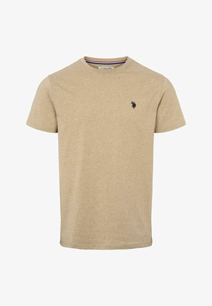 Tricou maro deschis cu mâneci scurte confecționat dintr-un material texturat, având un mic logo de cal negru pe piept și guler rotund.