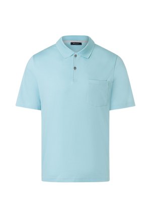 Light blue short-sleeve polo shirt with two-button placket and chest pocket, displayed on a white background.