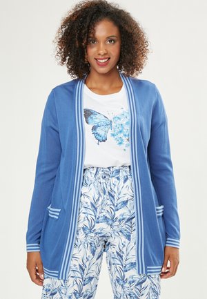 Blauwe cardigan met gestreepte accenten, met een open voorkant, lange mouwen en twee zakken aan de voorkant, gedragen over een witte t-shirt met een vlinderafbeelding.