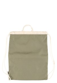 Sac à dos à cordon en vert olive, avec bord supérieur et poignées blanc cassé, doté de cordes blanches ajustables pour les bretelles.