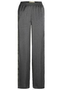 Gray satin pants with a smooth texture, wide-leg design, and an elastic waistband for comfort. No pockets or additional details visible.