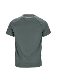 Grijze sportshirt met korte mouwen, een ronde hals, een gladde textuur en minimale stikdetails; de stof lijkt lichtgewicht en ademend te zijn.