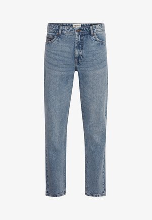 Hellblaue Denim-Jeans mit geradem Schnitt, ausgestattet mit einem Reißverschluss, fünf Taschen und subtiler, verblasster Textur. Markenetikett an der Taille.